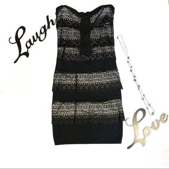 Gianni Bini GB Dress Body Con Black White Lace Overlay Strapless Junior Small - Picture 1 of 7